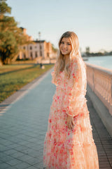 Pink Floral Long Sleeves Midi Dress