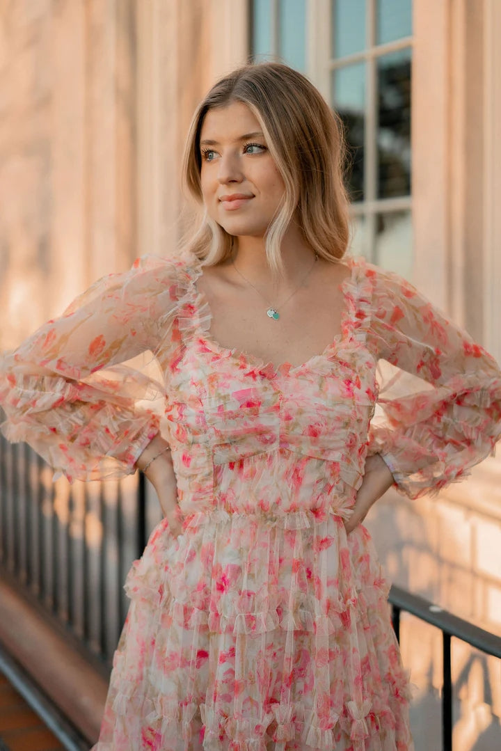 Pink Floral Long Sleeves Midi Dress