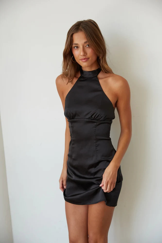 Black Satin Sleeveless Halter Mini Dress – Groovy Mimi