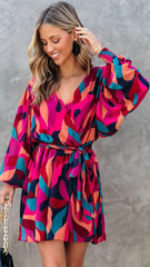 Hot Pink Floral Long Sleeves Dress