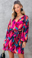 Hot Pink Floral Long Sleeves Dress