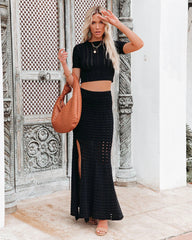 Black Crochet Knit Midi Skirt