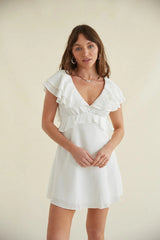 White Ruffle Detail Mini Dress