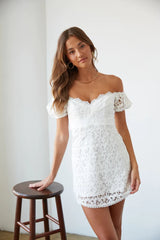 White Crochet Lace Off Shoulder Mini Dress