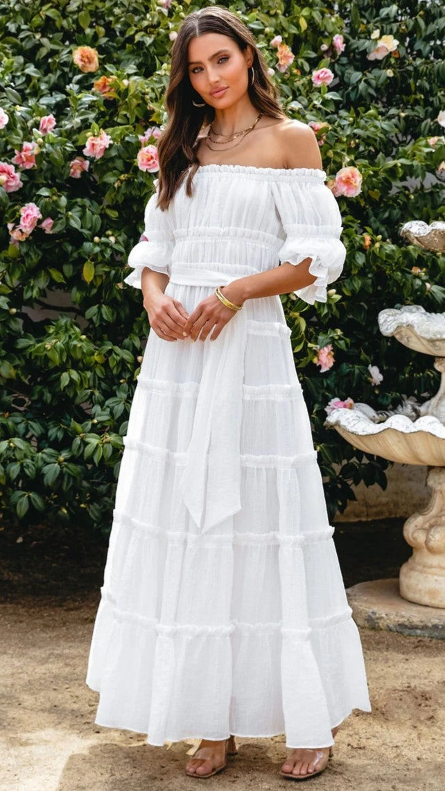 White Off Shoulder Tiered Maxi Dress – Groovy Mimi