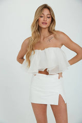 White Flounce Strapless Crop Top