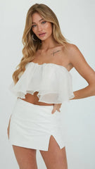 White Flounce Strapless Crop Top
