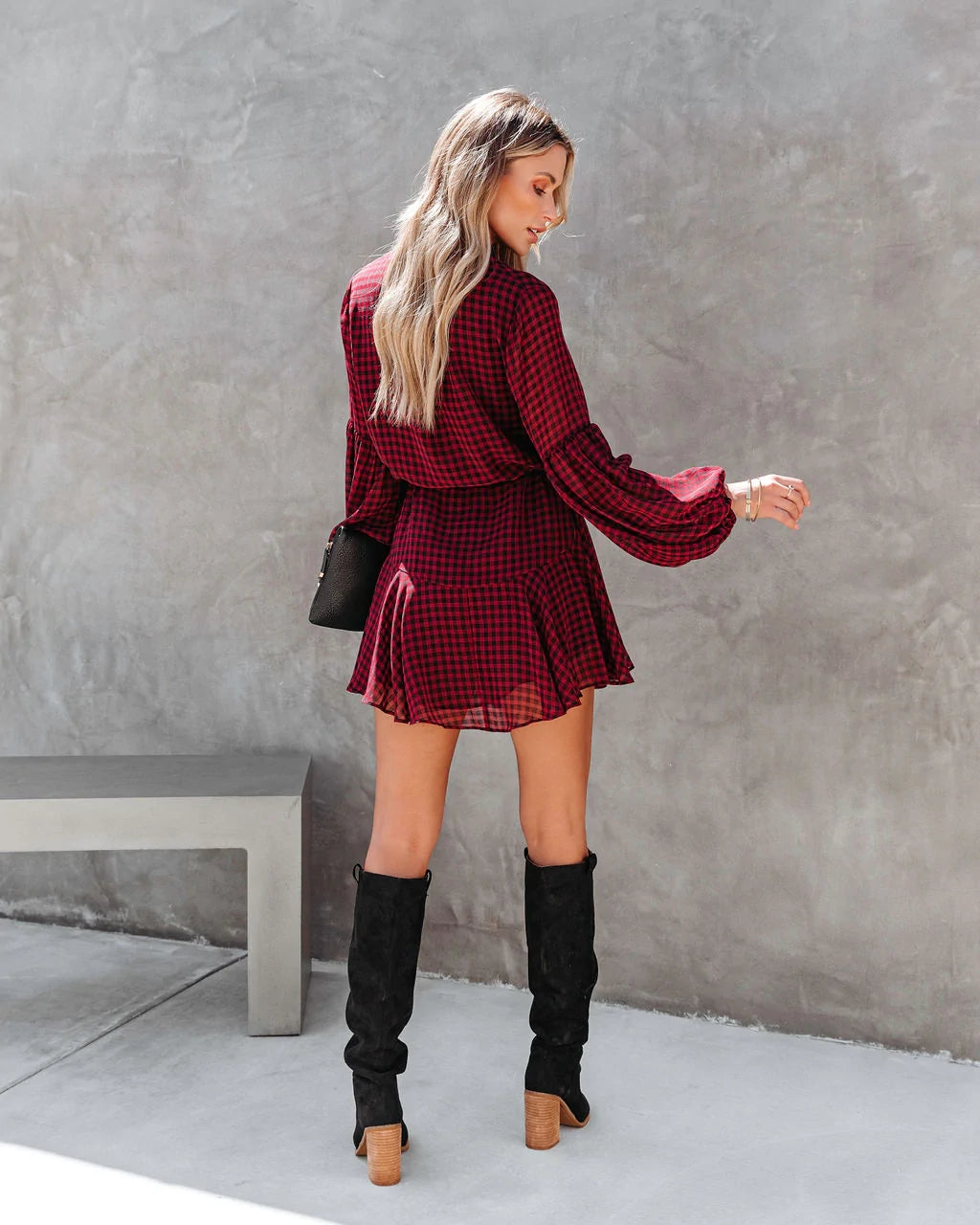 Burgundy Plaid Long Sleeves Dress