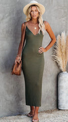 Olive Green Ribbed Knit Midi Dress