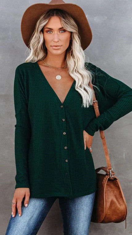 Pine Green Button Down Knit Top