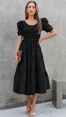 Black Smocked Yoke Tiered Midi Dress
