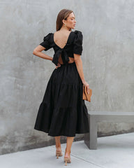 Black Smocked Yoke Tiered Midi Dress