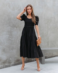 Black Smocked Yoke Tiered Midi Dress