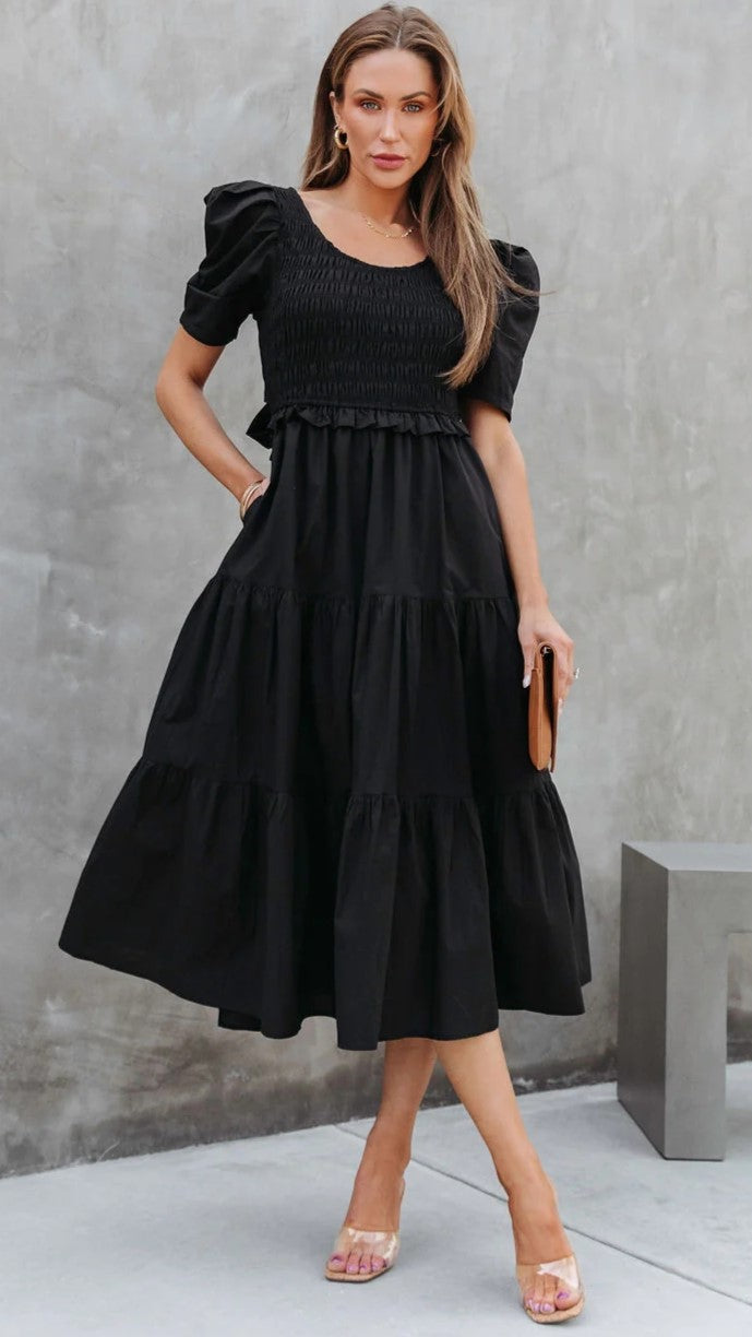 Black Smocked Yoke Tiered Midi Dress
