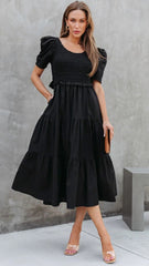 Black Smocked Yoke Tiered Midi Dress
