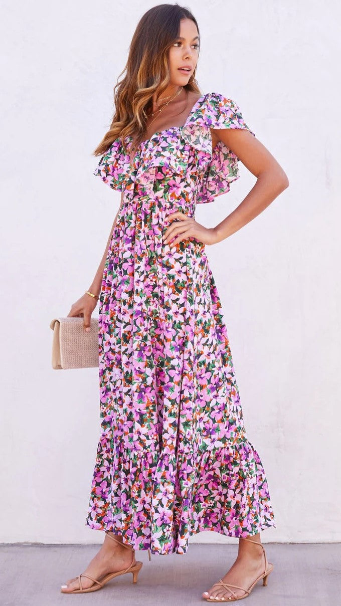 Purple Floral Midi Dress