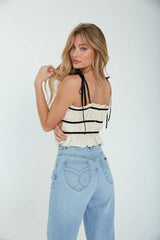 White Shoulder Ties Contrast Crop Top