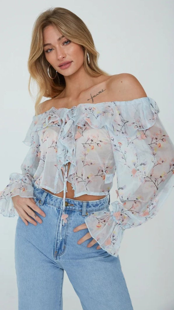 Light Blue Floral Chiffon Crop Top
