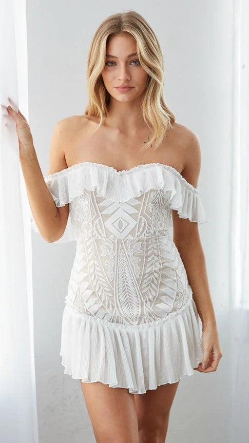 White Lace Off Shoulder Mini Dress