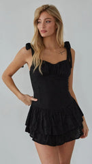 Black Shoulder Tie Mini Dress