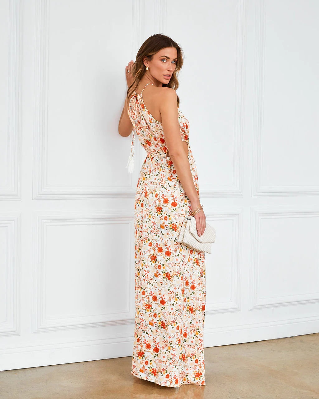 Orange Floral High Slit Midi Dress