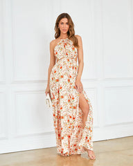 Orange Floral High Slit Midi Dress