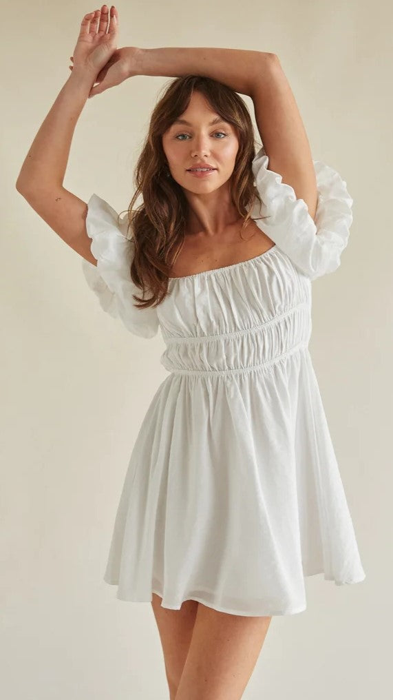 white pleated mini dress Hot Shot Classic line silhouette White Pleated Square Neckline Mini