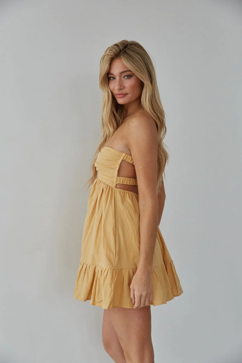 Yellow Front Twist Strapless Mini Dress