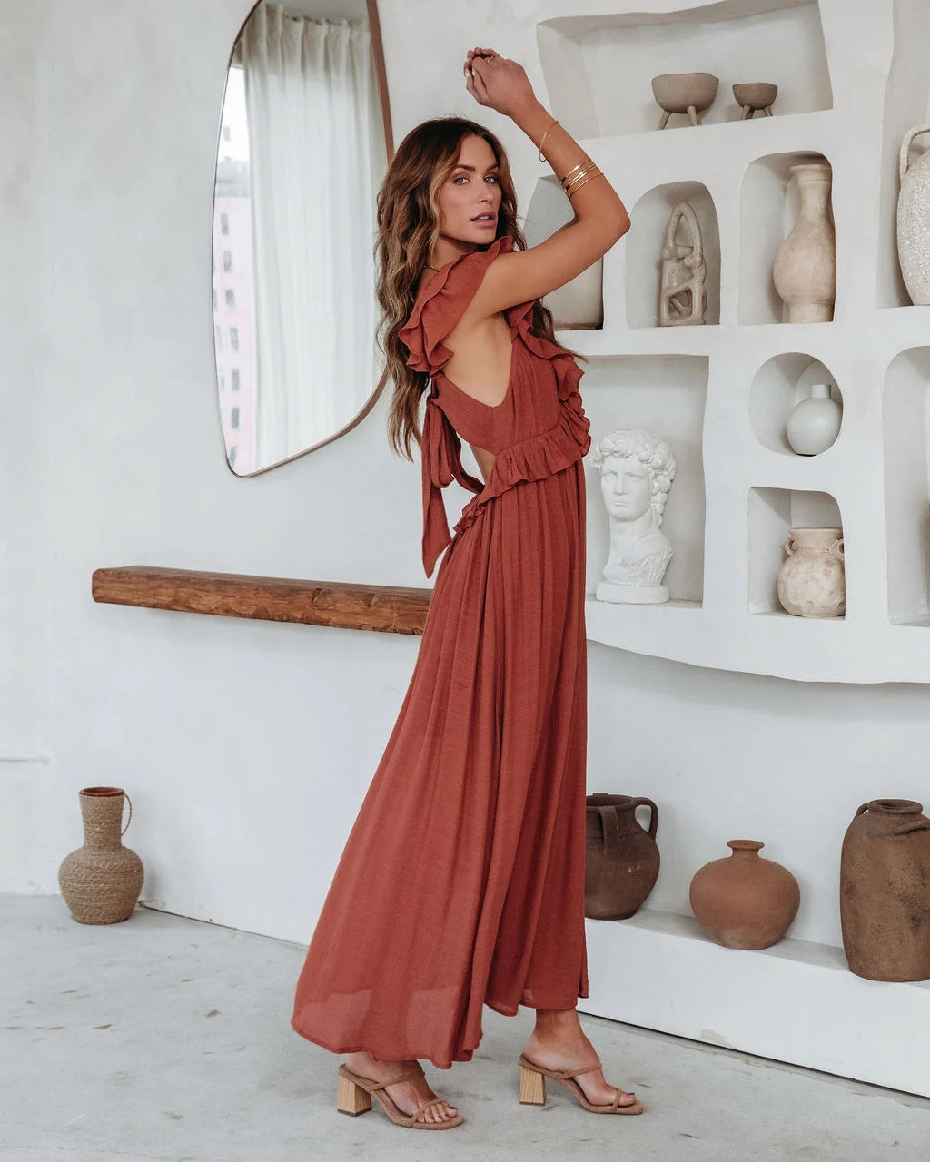 Brown Ruffle Midi Dress