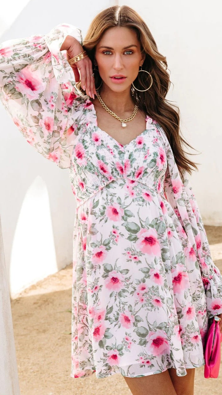 Pink Rose Long Sleeves Mini Dress