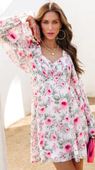 Pink Rose Long Sleeves Mini Dress