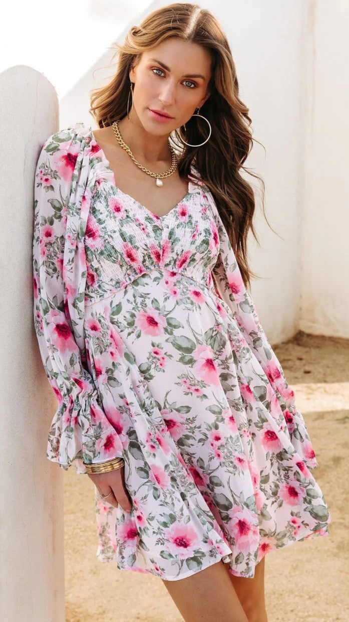 Pink Rose Long Sleeves Mini Dress