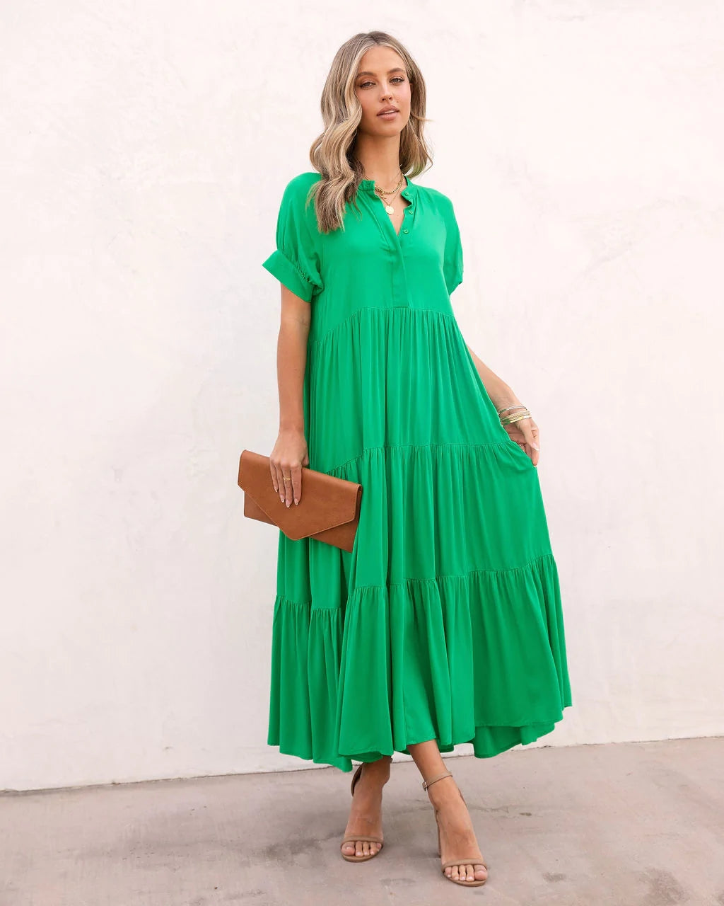 Green Solid Tiered Midi Dress