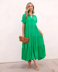 Green Solid Tiered Midi Dress