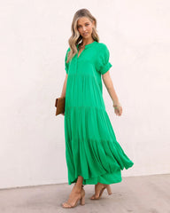 Green Solid Tiered Midi Dress