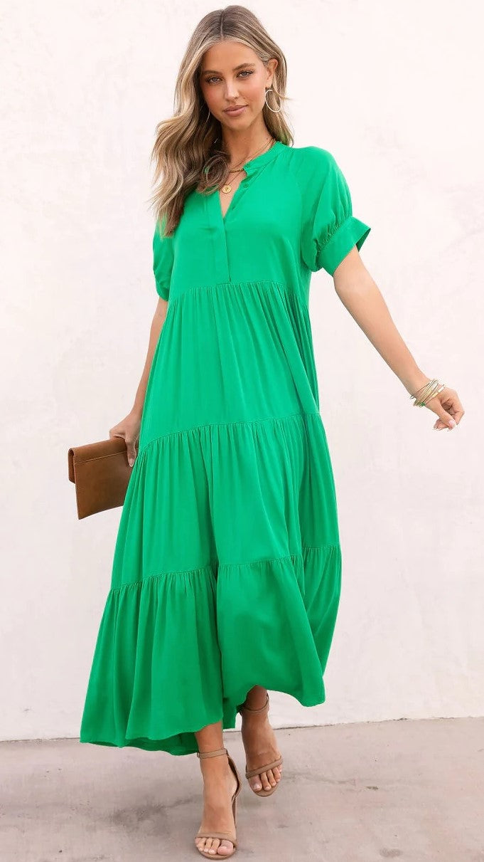 Green Solid Tiered Midi Dress
