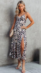 Black Floral High Slit Midi Dress