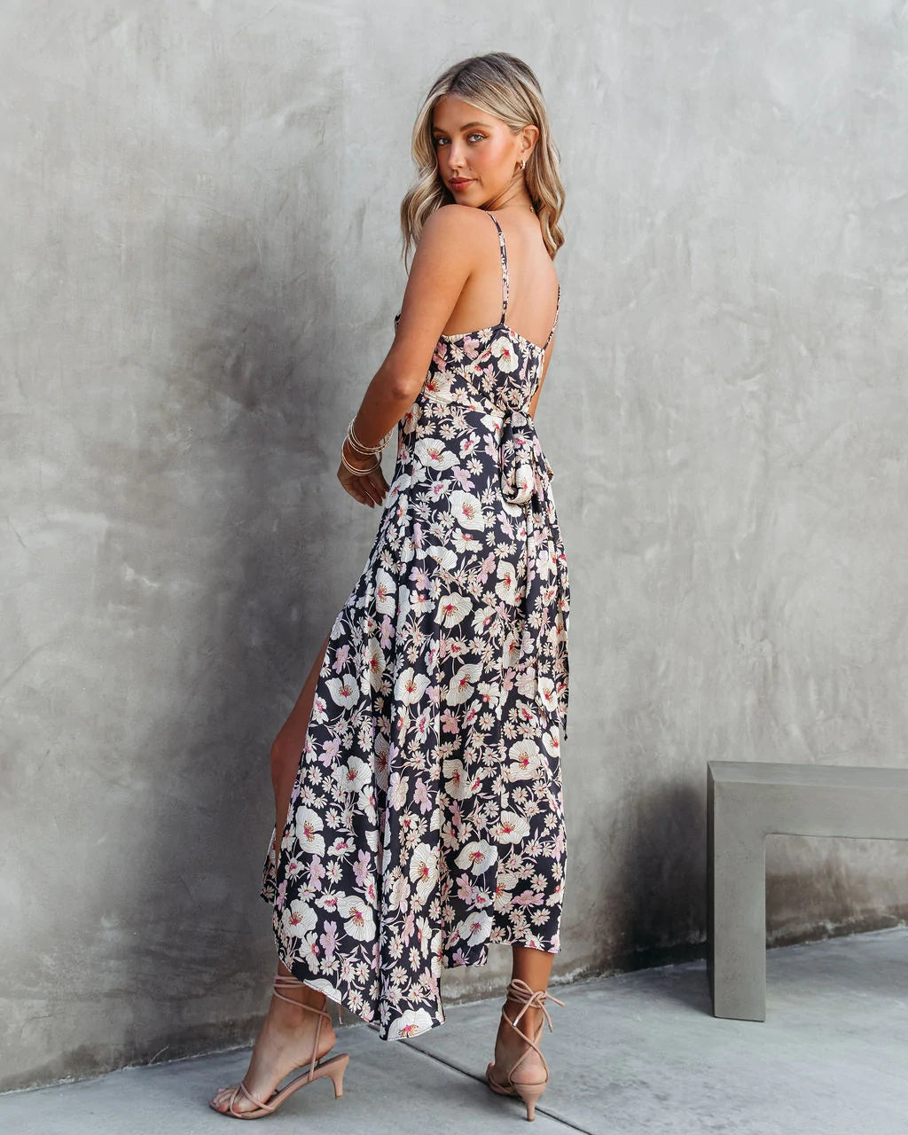 Black Floral High Slit Midi Dress
