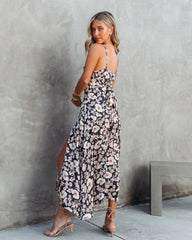 Black Floral High Slit Midi Dress