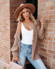 Khaki Buttoned Ribbed Knit Cardigan