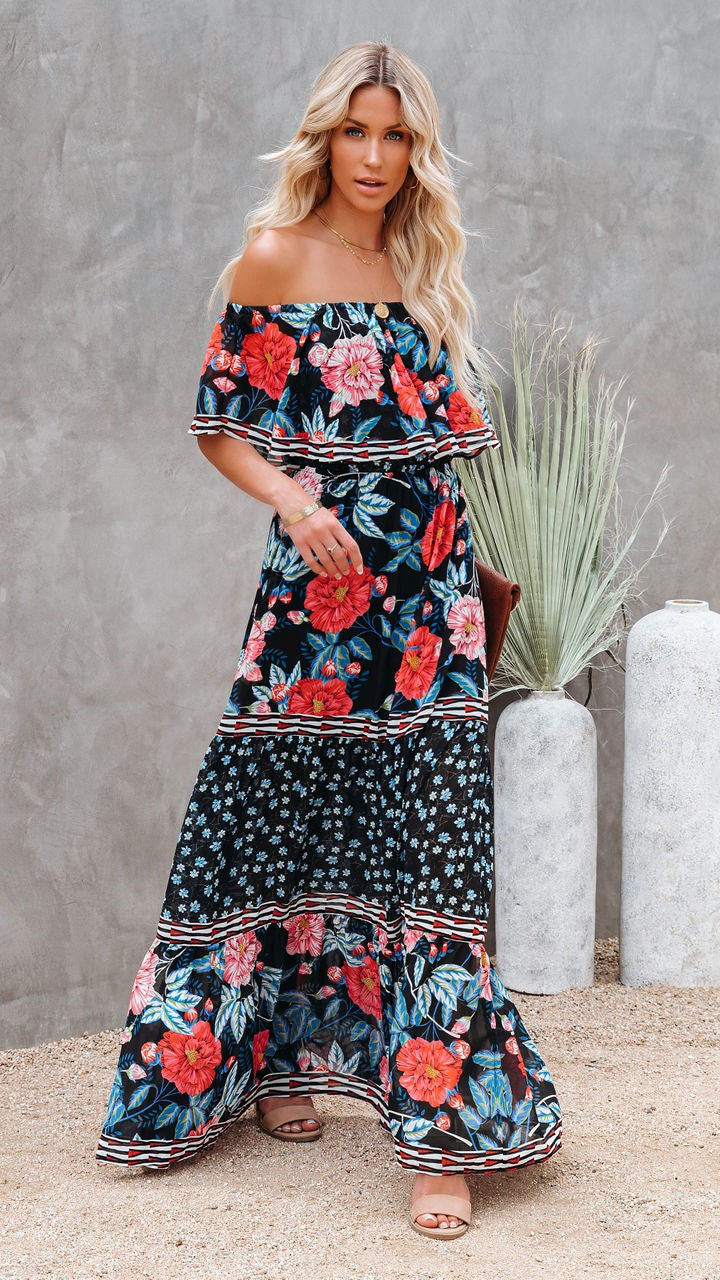 Black Floral Off Shoulder Maxi Dress