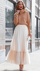 Beige Mesh Tulle Maxi Skirt