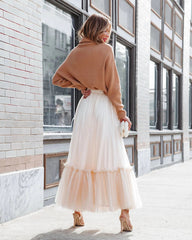 Beige Mesh Tulle Maxi Skirt