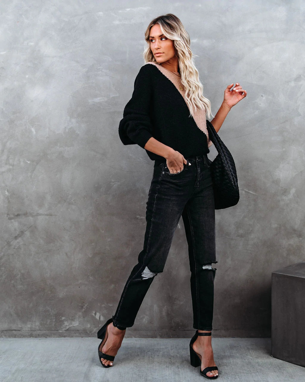 Color Block Ribbed Knit Sweater