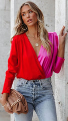 Red Fuchsia Color Block Blouse