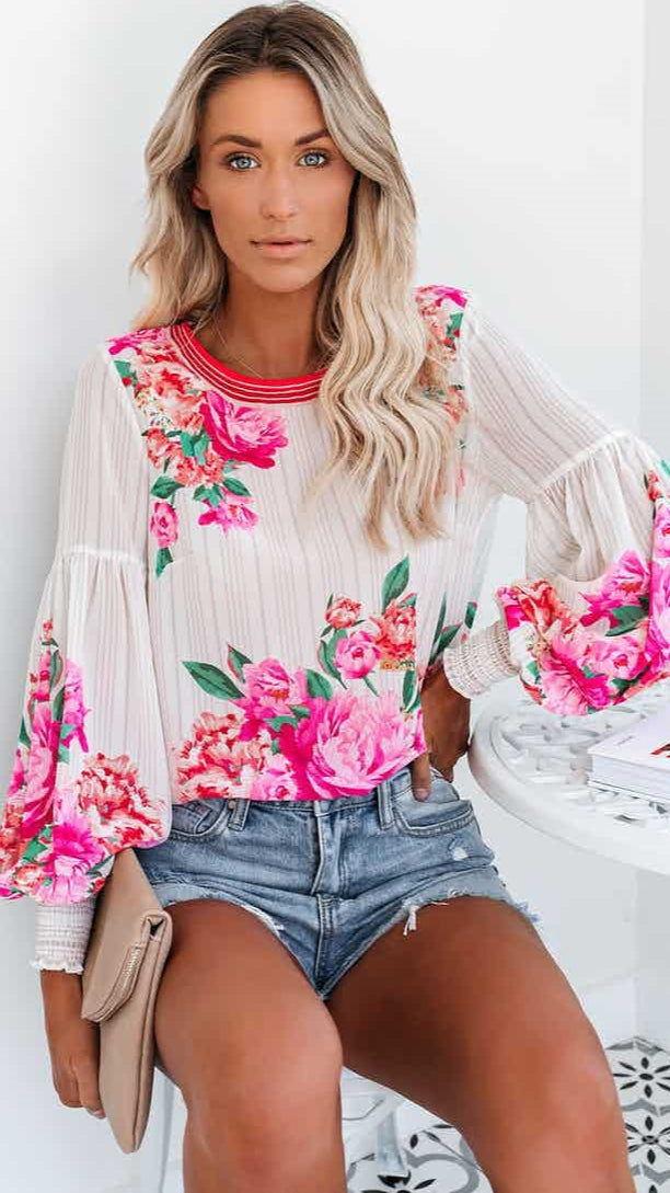 Hot Pink Retro Floral Long Sleeves Blouse