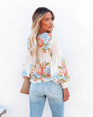 White Retro Floral Long Sleeves Blouse