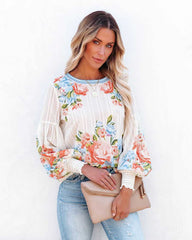White Retro Floral Long Sleeves Blouse
