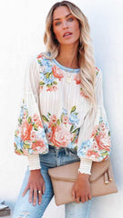 White Retro Floral Long Sleeves Blouse