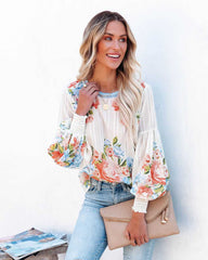 White Retro Floral Long Sleeves Blouse